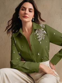 Anewsta Women's Elegant Rhinestone 3D Floral Blouse - Green - View 7