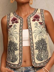 Travachic 女款花卉與鸚鵡刺繡開襟輕便背心外套，波希米亞休閒女式風格，優雅鄉村風 - 彩色 - 查看 1