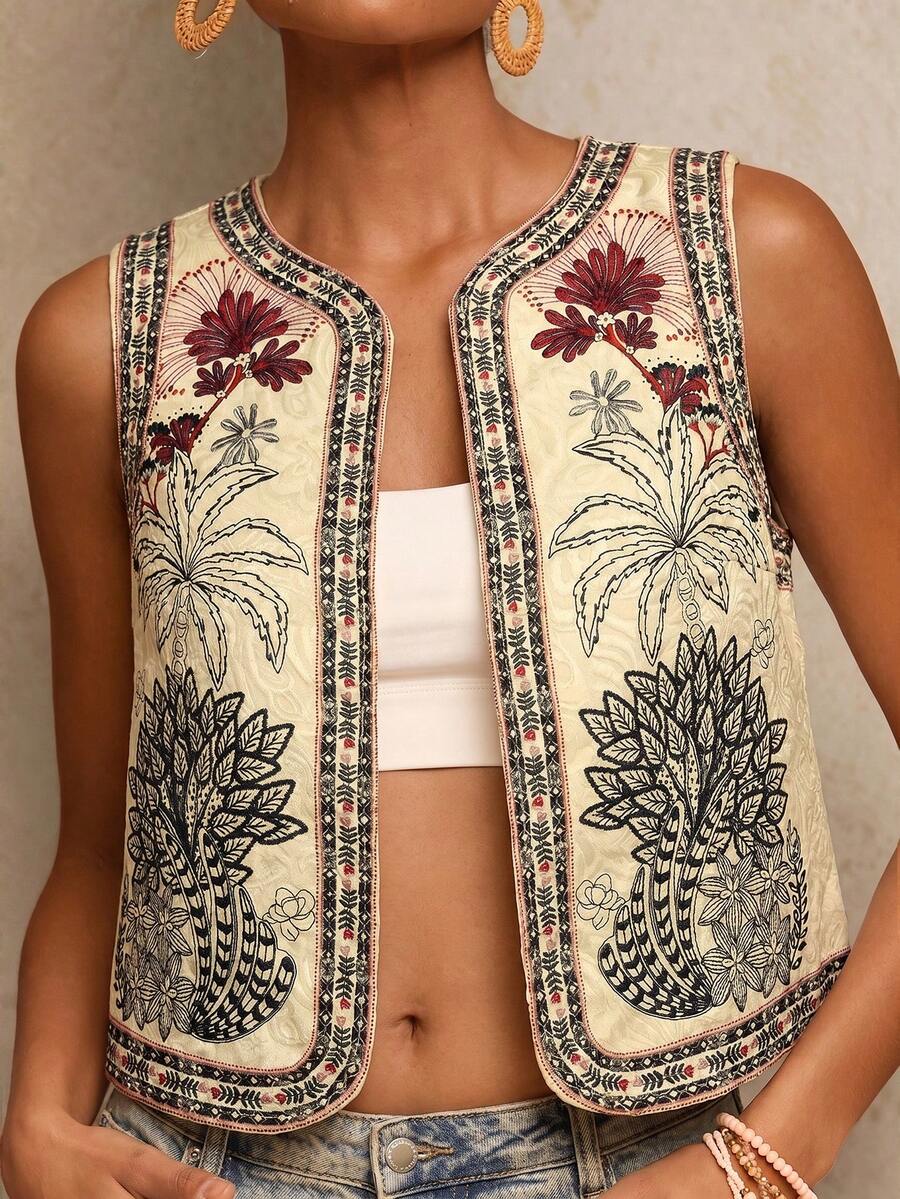 Travachic 女款花卉與鸚鵡刺繡開襟輕便背心外套,波希米亞休閒女式風格,優雅鄉村風 - 彩色 - 查看 1