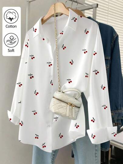Franclia Camisa de Algodão com Estampa de Cereja para Mulheres no Verão