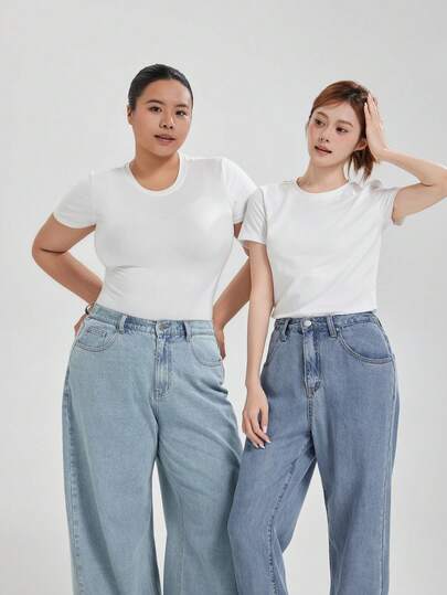 REIGN AVE Crew Neck Stretchy Fitted Casual Short Sleeve White T-Shirt, Spring/Summer