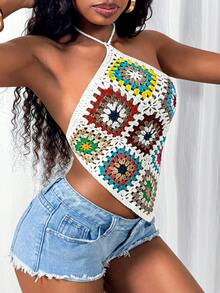 Glyssa Atasan Rajut Crochet Buatan Tangan Wanita, Putih, Liburan Musim Panas, Liburan Pantai Gaya Boho, Liburan Pantai - MultiWarna - View 4