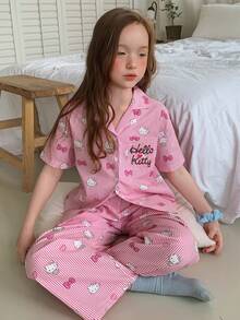 Dazy Kids HELLO KITTY | DAZY 少女卡通條紋印花鈕扣前短袖上衣與長褲睡衣套裝 夏季 - 粉色 - 查看 3