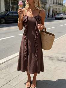 SHEIN PariChic Women's Elegant Coffee Brown Summer Vacation Holiday Dress,Niche Design Mid-Length Spaghetti Strap,Ruffle Hem,Fitted A-Line French Casual Style - Coffee Brown - View 1