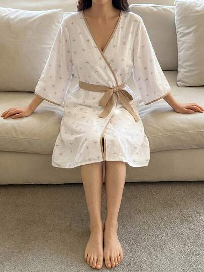 DAZY Bow Decor Contrast Trim Loose Long Robe, Women Summer Sleepwear