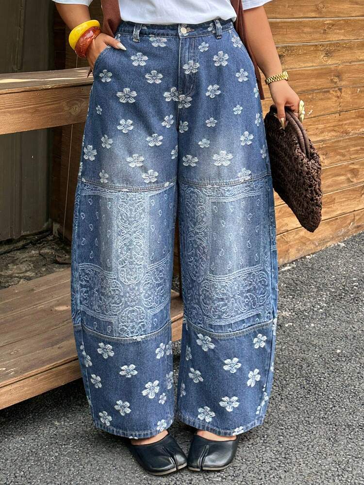 Dazy Plus Plus Size Women's Jacquard Jacquard Loose Wide Leg Casual Jeans, Street Style, Suitable For Spring/Summer