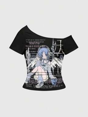 Anime Vintage Yandere Cross Music Slogan Asymmetrical Shoulder Sexy T-Shirt For Women