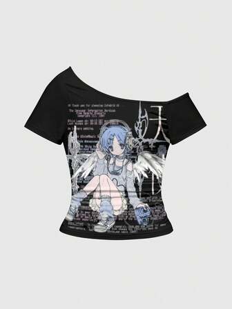 Anime Vintage Yandere Kreuz Musik Slogan asymmetrisches Schulter Sexy T-Shirt für Frauen
