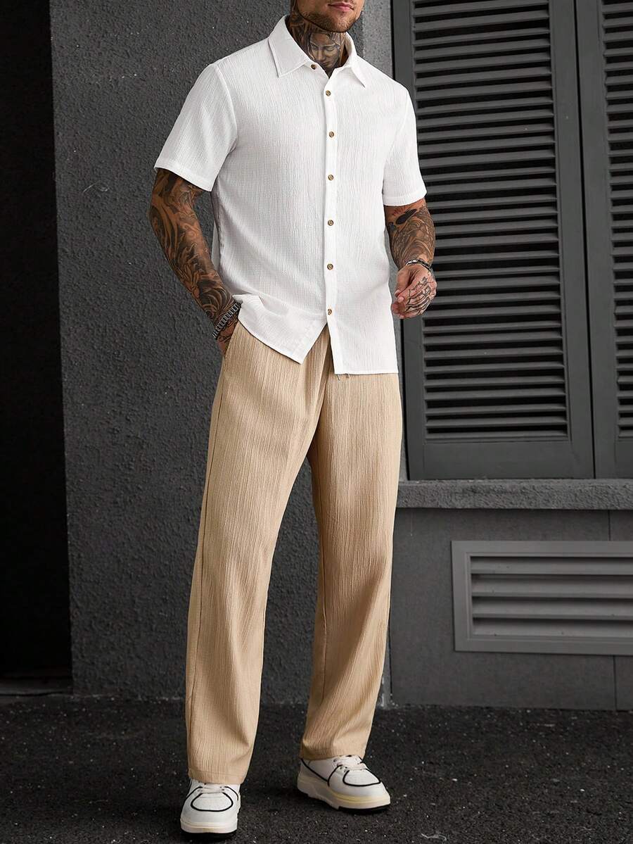 Manfinity CasualCool Minimalist Men's Textured Single-Breasted Short Sleeve Shirt And Drawstring Waist Cargo Pants Set - Multicolor - View 1
