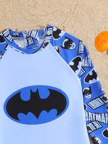 BATMAN X SHEIN GraphicGems 男童字母卡通印花圆领长袖连体泳衣，适合游泳、海滩度假 - 藍色 - 查看 4