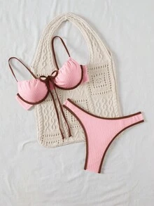 Bellisia Women's Textured Colorblock Tie Strap Bikini Set With Triangle Top And Bottom - Baby Pink - View 3