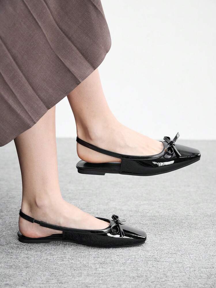 CUCCOO BIZCHIC Women Shoes Small Square Toe Flat Bottom Black Mirror Bow Women's Low Vamp Flat Bottom Shoes Light, Comfortable And Simple Commuting Daily Versatile Women's Flat Shoes