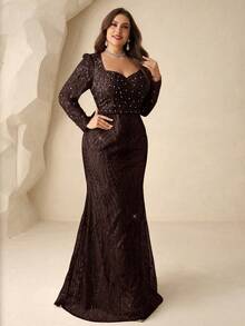 Coutiva Gaun Malam Formal Elegan Musim Dingin Ukuran Besar Warna Cokelat, Leher Persegi, Bordir Mutiara dan Rhinestone, Lengan Panjang, Model Duyung, Gaun Pesta untuk Tamu Pernikahan dan Prom - Coffee Brown - View 6