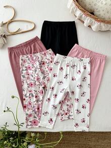 SHEIN Quần dài dệt kim họa tiết hoa dễ thương, đa năng, cạp chun cho bé gái - Nhiều màu - Xem 5