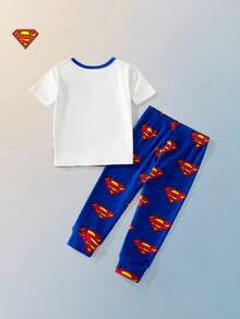 Maija Kids SUPERMAN X SHEIN Maija Kids 男童卡通超级英雄图案针织柔软圆领短袖套头衫和松紧腰紧身裤两件套 - 彩色 - 查看 2