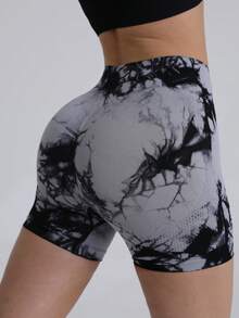 Gameset SHEIN Sport 女士无缝扎染灰色高腰短裤，舒适弹力腰带，适合跑步、骑行、健身、户外活动、休闲穿着，款式和颜色都很流行，适合春、夏、秋、冬四季穿着。 - 灰色 - 查看 6