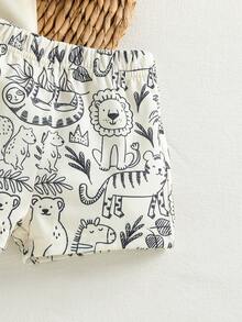 SHEIN Playful Pals Bộ bodysuit trẻ em 0-3 tuổi cho bé trai/bé gái, màu đen trắng, họa tiết in đường nét động vật, phong cách casual dễ thương, dáng rộng, đồ gia đình đồng bộ, quần áo đi chơi mùa hè - Màu be - Xem 3