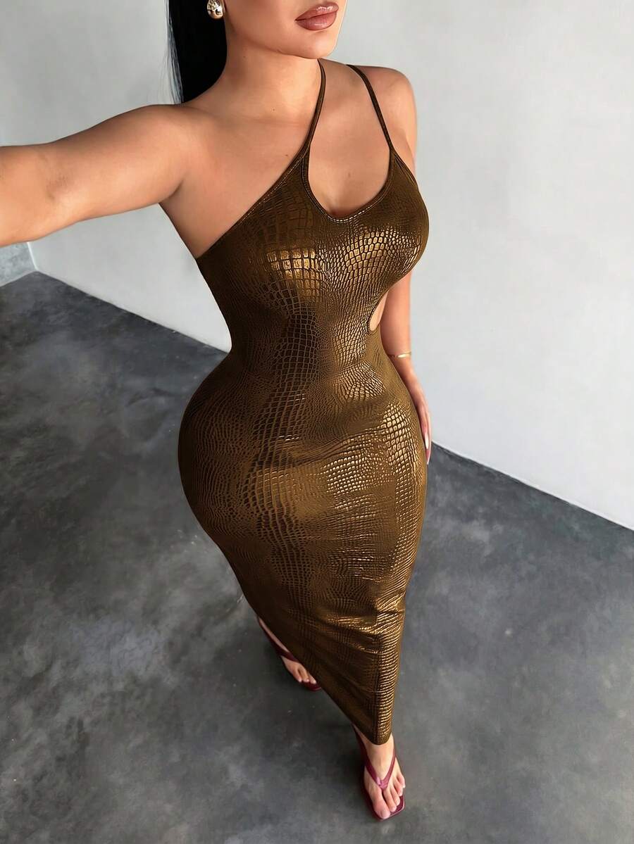 SHEIN SXY Vestido de moda ajustado con diseño de corte para mujer sin mangas - Dorado - Ver 1