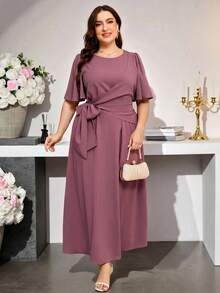 Modelyn Plus Size Summer Elegant Solid Color Round Neck Side Tie Short Sleeve Dress - Dusty Pink - View 6