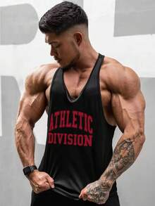 GymBeat 字母印花露背男款時尚運動背心，健身房、度假適用 - 黑色 - 查看 1
