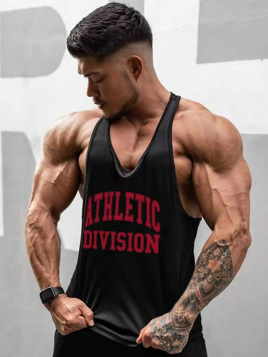 GymBeat 字母印花露背男款時尚運動背心,健身房、度假適用 - 黑色 - 查看 1
