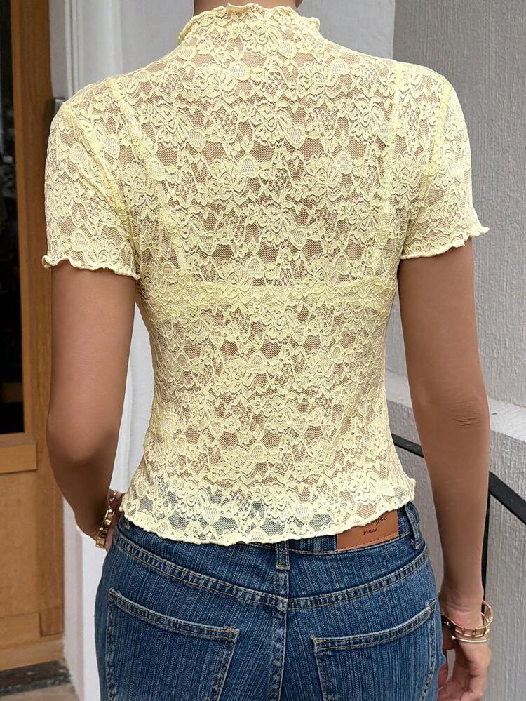 Women's Lace Sheer Stand Collar Sexy Solid Color Short Sleeve T-Shirt