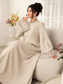 Al Najma 女士圆领拼接缎带休闲派对阿拉伯风格连衣裙 - 杏色 - 查看 1