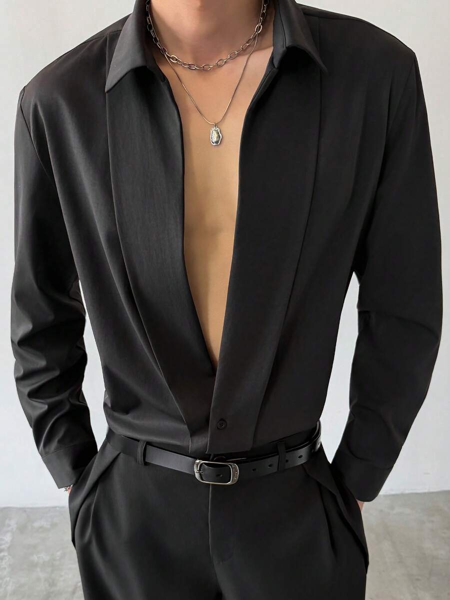 Manfinity AFTRDRK Áo sơ mi nam dài tay cài cúc, thời trang, đa năng, thích hợp cho công sở. - màu đen - Xem 1