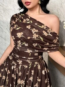 Feyla 女士印花褶皱不对称优雅连衣裙 - 咖啡棕 - 查看 5