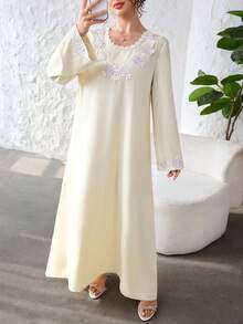 Al Najma Đầm xòe lãng mạn thêu tinh tế dành cho nữ - Màu be - Xem 5