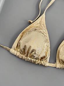 SHEIN Swim Women's Beach Swimwear Set With Metallic Decor For Summer Beach Vacation - Gold - View 4