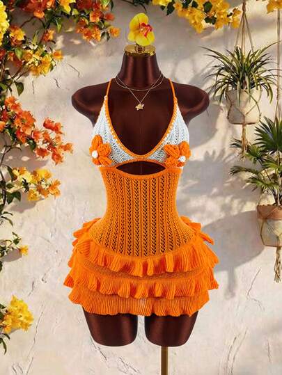 Amplova Women's Knitted Halter Neck Dress, Sexy And Avant-Garde, Suitable For Vacation, Criss-Cross Backless Design, Floral Color Blocking Mini Dress