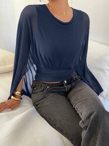 Siren Gaze Maglietta casual da donna a girocollo, con pieghe, aderente, di colore unito - Blu Navy - Visualizzare 6