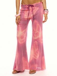 MUSERA Ruffled Tie Waist Ombre Butterfly Printed Pattern Glitter Mesh Loose Fit Flared Lettuce Hem Trouser Coord Bottoms Only Beach Pink Summer Sexy - Purple - View 2