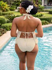 Swim Mod Set Baju Renang Tankini Halter Tanpa Punggung dengan Tali Depan Renda untuk Liburan Pantai Musim Panas Wanita Ukuran Besar Warna Pink - Aprikot - View 2
