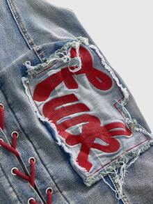 ROMWE Avant Áo crop top denim gợi cảm kiểu dáng thể thao Y2K retro dành cho nữ, chất liệu jersey, có logo thêu, dây rút, cạp thấp, chất liệu denim. - Màu xanh lam - Xem 3