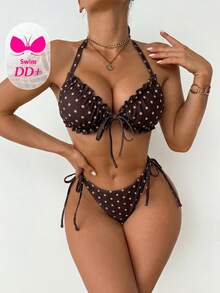 Voyashape 女款夏季海灘波點掛脖綁帶性感比基尼三角泳褲泳衣套裝 - 棕色 - 查看 11