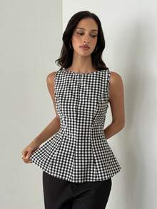 Aloruh Elegant Black And White Checkered Plaid Backless Sleeveless Blouse, Suitable For Commuting Office Summer - Black and White - View 5