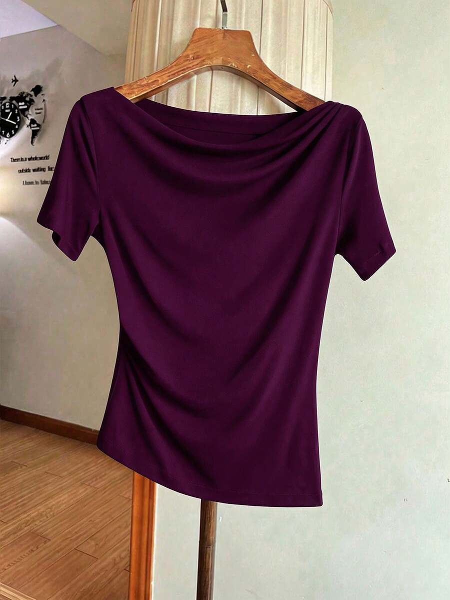 Franclia Áo thun nữ tay ngắn màu đen thanh lịch với cổ áo xếp ly và điểm nhấn nhún bèo. - Màu tím - Xem 1