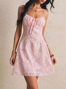 Poéselle Women's Elegant Cutout Ruffle Front Tie Strap Short Dress, Summer - Pink - View 4