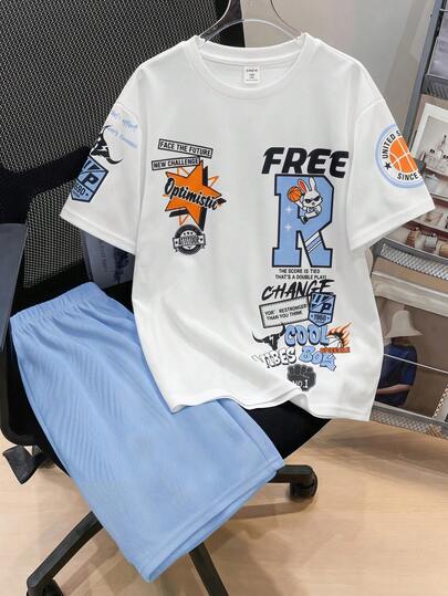 SHEIN Bộ đồ thể thao 2 món cho bé trai tuổi teen, kiểu dáng thường ngày, thoải mái, đa năng: áo thun trắng cổ tròn tay ngắn dáng rộng và quần short xanh dương, thích hợp cho mùa xuân/hè, đi chơi, ngày Valentine, hẹn hò, du lịch, nghỉ lễ, họp mặt gia đình, tựu trường, đám cưới, tiệc tùng, thể thao, sinh nhật.