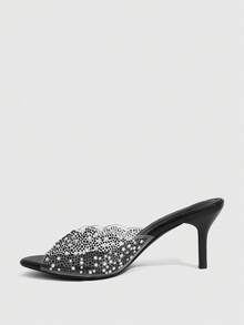 CUCCOO SZL Women's Fashion Charming Crystal Diamond Decorative Cone Heel Sandals, Pearl Black, Transparent TPU Material, Pointed Comfortable Casual Sandals, Suitable For Parties, Weddings, Parties, Spring, Summer And Autumn Christmas Wear - Black - View 4