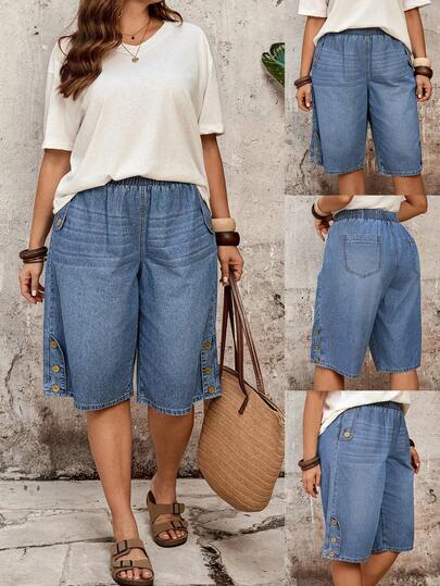 EMERY ROSE Mature Denim Plus Size Women Casual Versatile Button Fly Denim Jeans, Daily Wear,Denim Shorts With Elastic Waist And Buttoned Side Slits,Light Wash Denim Bermuda Shorts With Side Buttons,Casual Denim Culottes With Elasticated Waistband And Back Pockets,A Relaxed-Fit Denim Bermuda Short Featuring An Elasticated Waistband, Side Slits With Decorative Buttons, And Back Patch Pockets. A Comfortable, Everyday-Ready Piece With A Vintage Vibe,DenimBermudaShorts, ElasticWaist, SideSlits, ButtonDetails, LightWashDenim, BackPockets, EverydayOutfit, VintageStyle