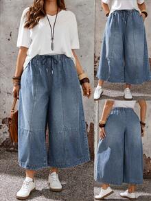 EMERY ROSE Mature Denim Quần jeans ống rộng, cạp chun, túi, dáng casual dành cho nữ cỡ lớn. - Màu xanh lam - Xem 2
