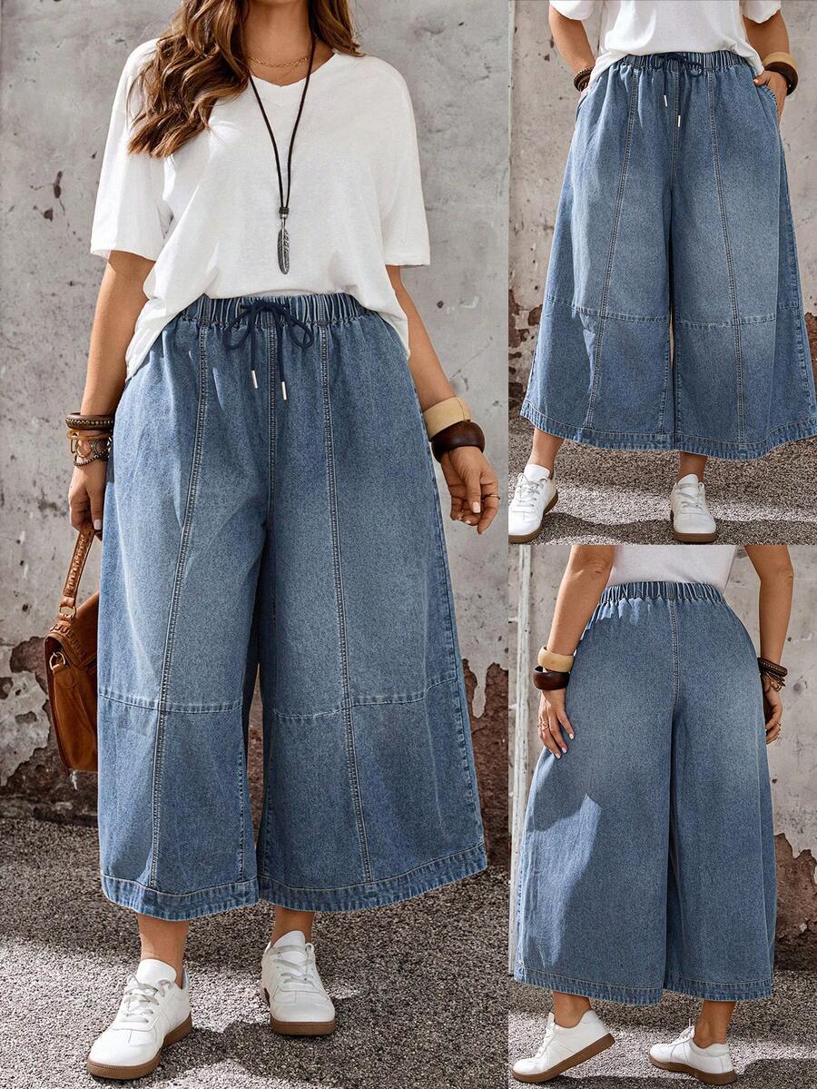 EMERY ROSE Mature Denim Quần jeans ống rộng, cạp chun, túi, dáng casual dành cho nữ cỡ lớn.