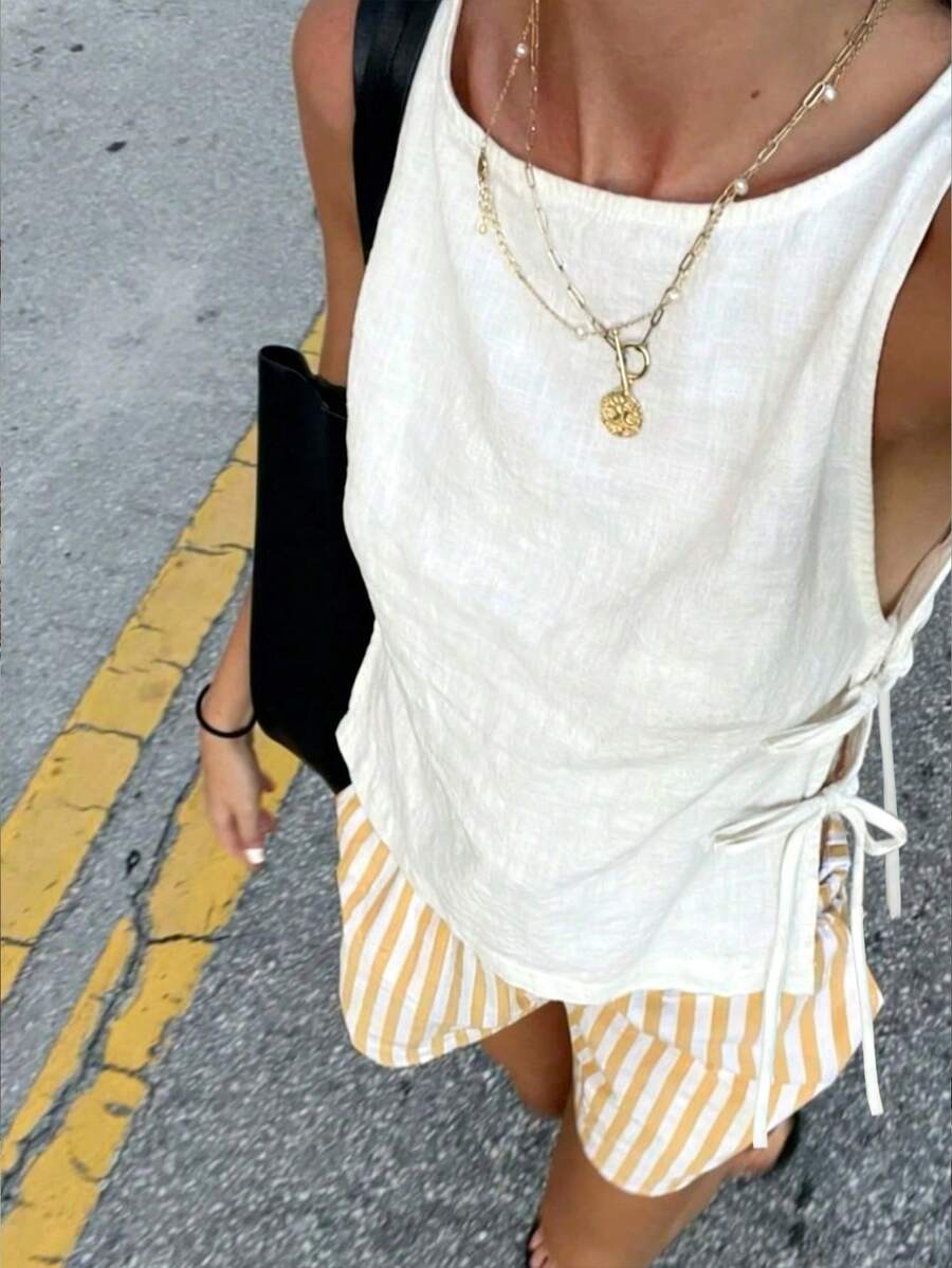 INAWLY Plus Size Beach Vacation Casual Home Comfortable Side Tie Linen Blend Tank Top - White - View 1