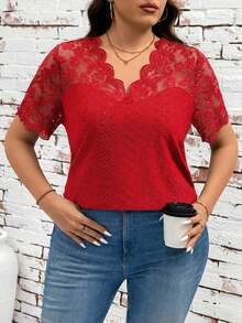 SHEIN Clasi Plus Size Women V-Neck Lace Patchwork Casual Versatile Daily Wear T-Shirt - Red - View 5