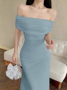 Modelyn 女士露肩褶皱腰身优雅婚礼/场合礼服 - 霧霾藍 - 查看 1