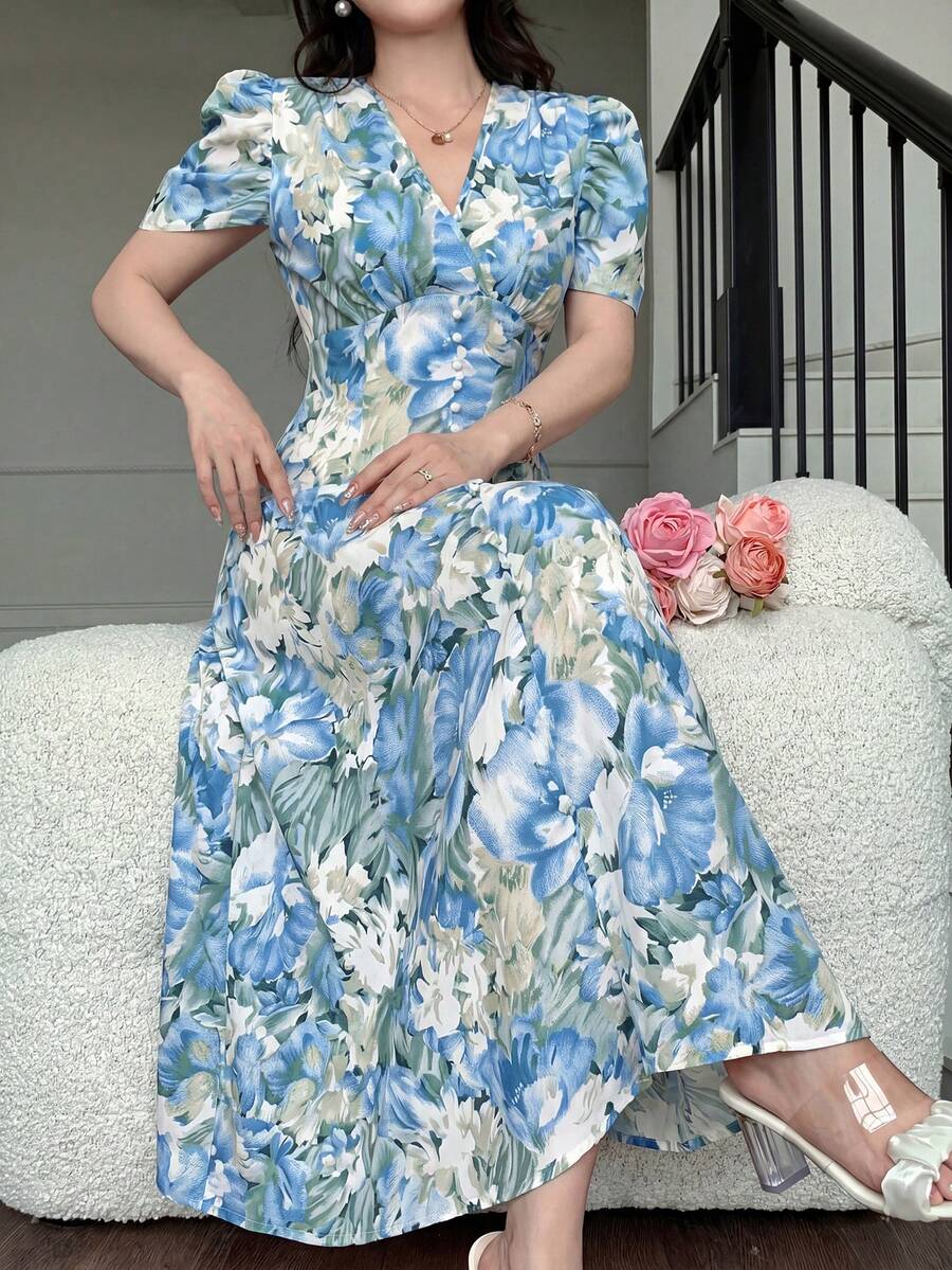 Modelyn 女士修身连衣裙,交叉领口,珍珠纽扣装饰,泡泡袖 - 藍色 - 查看 1