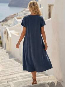 SHEIN LUNE Gaun Terusan Guru dengan Detail Lipatan dan Saku Polos - Navy Blue - View 2
